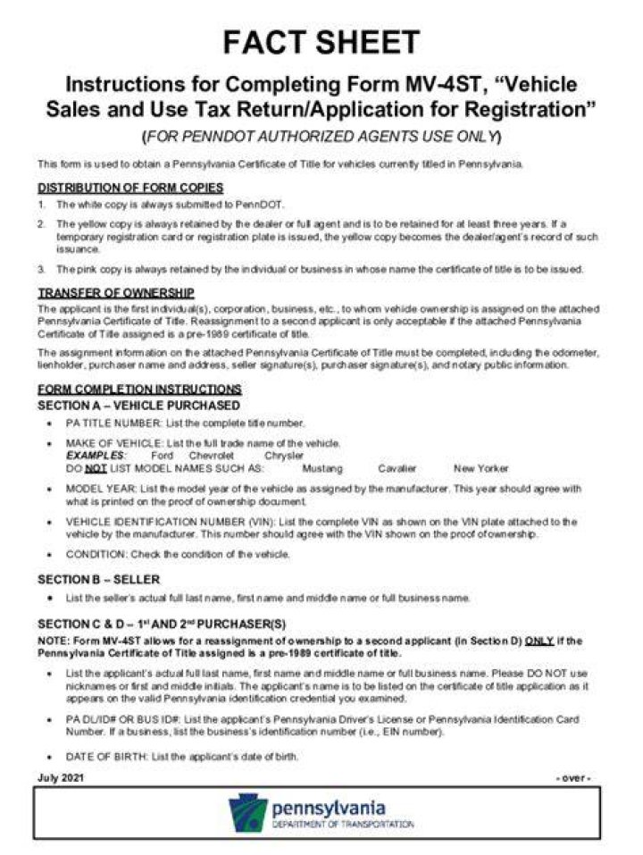What is PA form MV-4ST?