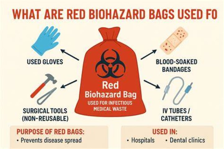 What items should go in the red biohazard bag?